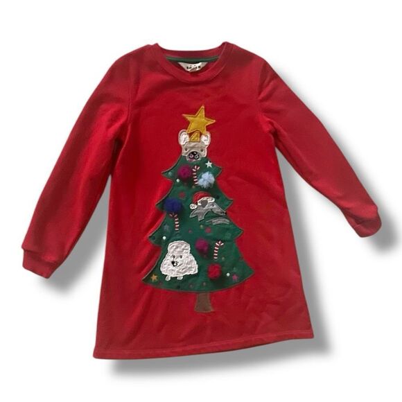 Mini Boden | EUC Brilliant Red Christmas Tree Cosy Appliqué Sweatshirt Dress 7 8 - Picture 1 of 6